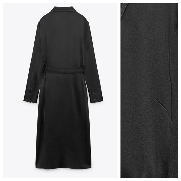 NWT. Zara Black Satin Effect Shirt Midi Dress with Belt. Size S. - Picture 4 of 10